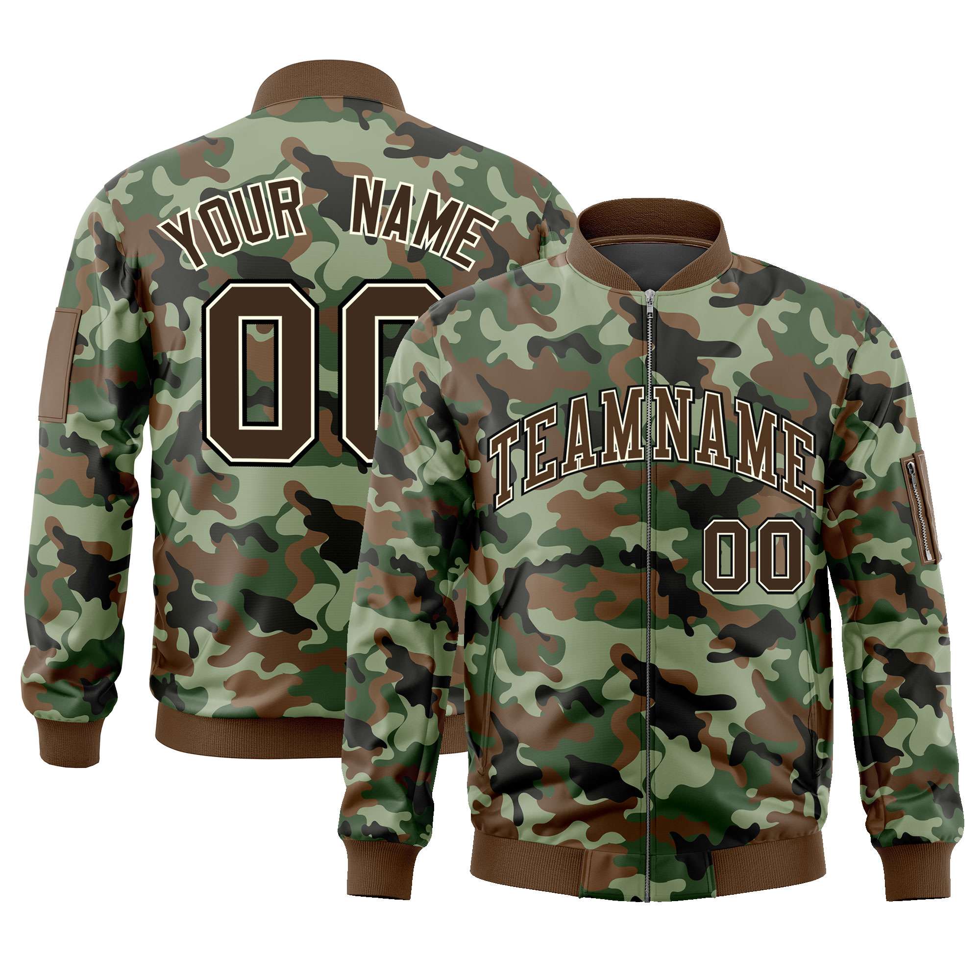 Custom Brown Khaki Varsity Full-Zip Camo Letterman Bomber Jacket