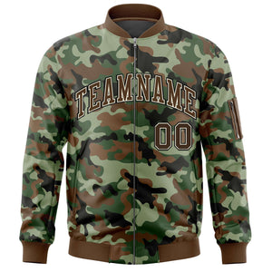 Custom Brown Khaki Varsity Full-Zip Camo Letterman Bomber Jacket