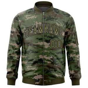 Custom Olive Varsity Full-Zip Camo Letterman Bomber Jacket