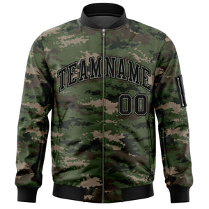 Custom Black Gray Varsity Full-Zip Camo Letterman Bomber Jacket