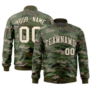 Custom Gray Olive Varsity Full-Zip Camo Letterman Bomber Jacket