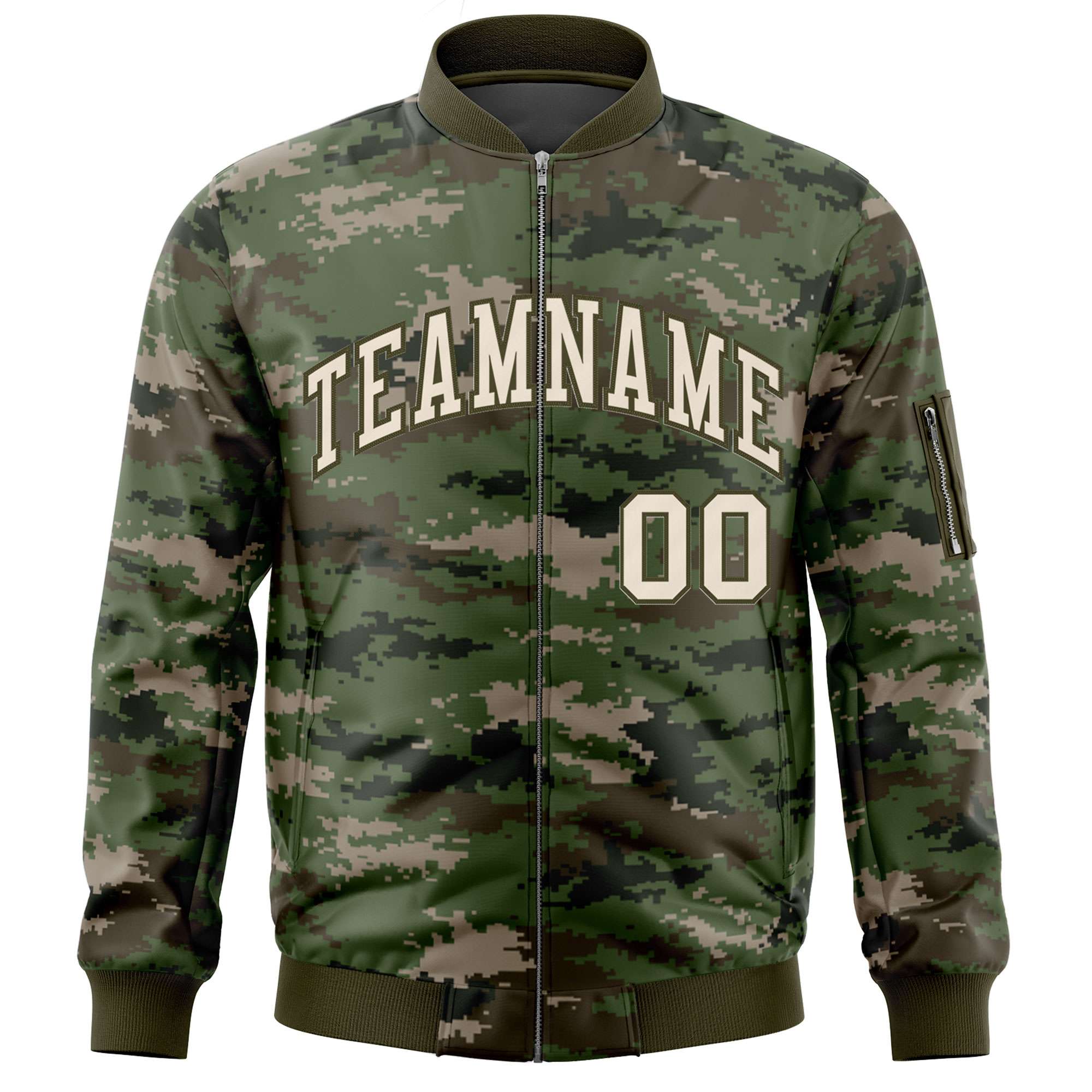 Custom Gray Olive Varsity Full-Zip Camo Letterman Bomber Jacket