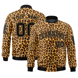 Custom Black Yellow Leopard Graffiti Pattern Zipper Cardigan Bomber Jacket