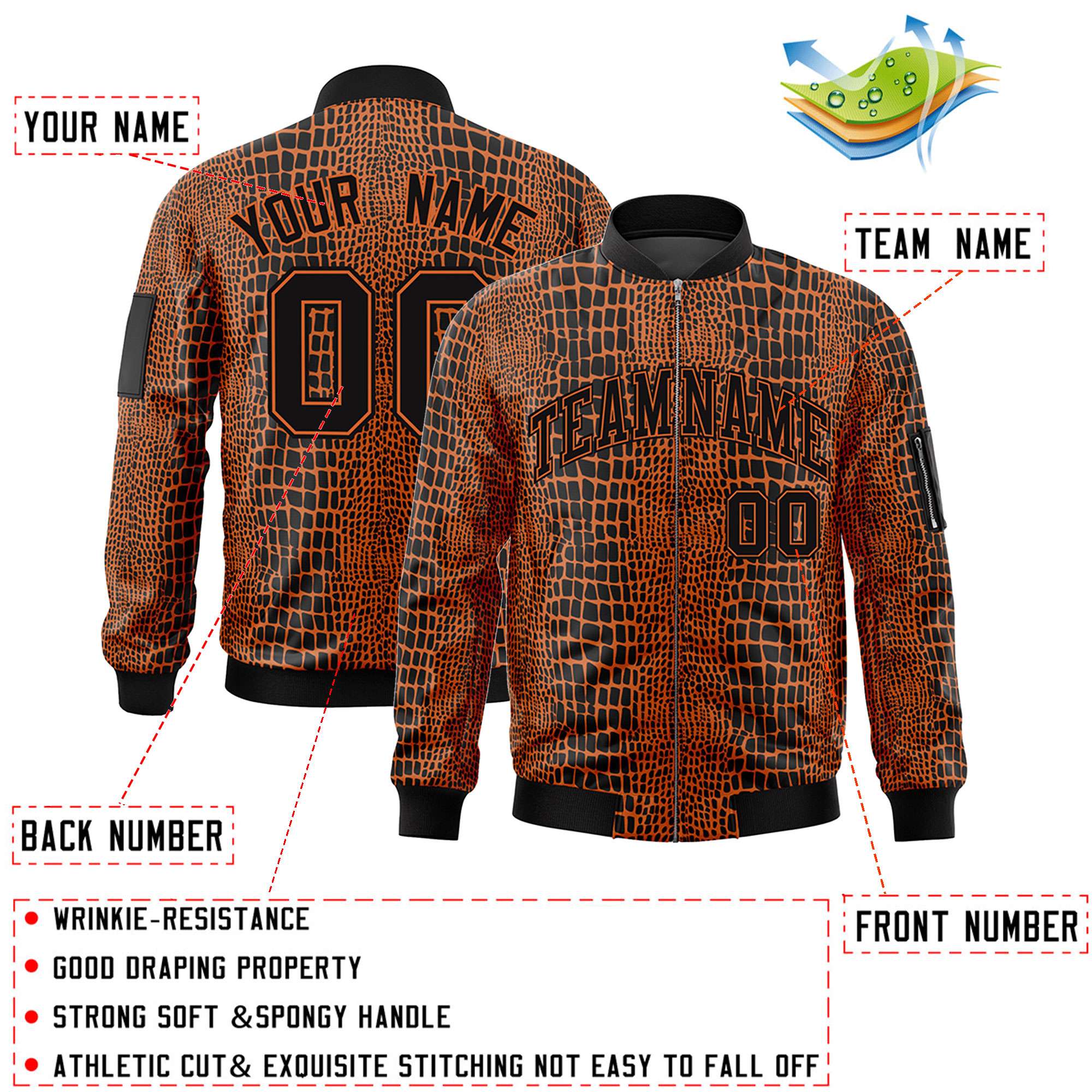 Custom Black Orange Varsity Full-Zip Crocodile Graffiti Pattern Letterman Bomber Jacket