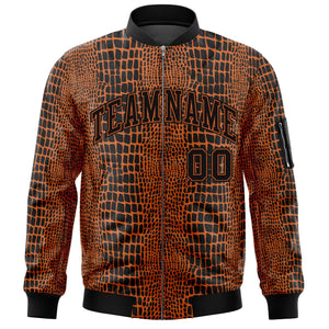 Custom Black Orange Varsity Full-Zip Crocodile Graffiti Pattern Letterman Bomber Jacket