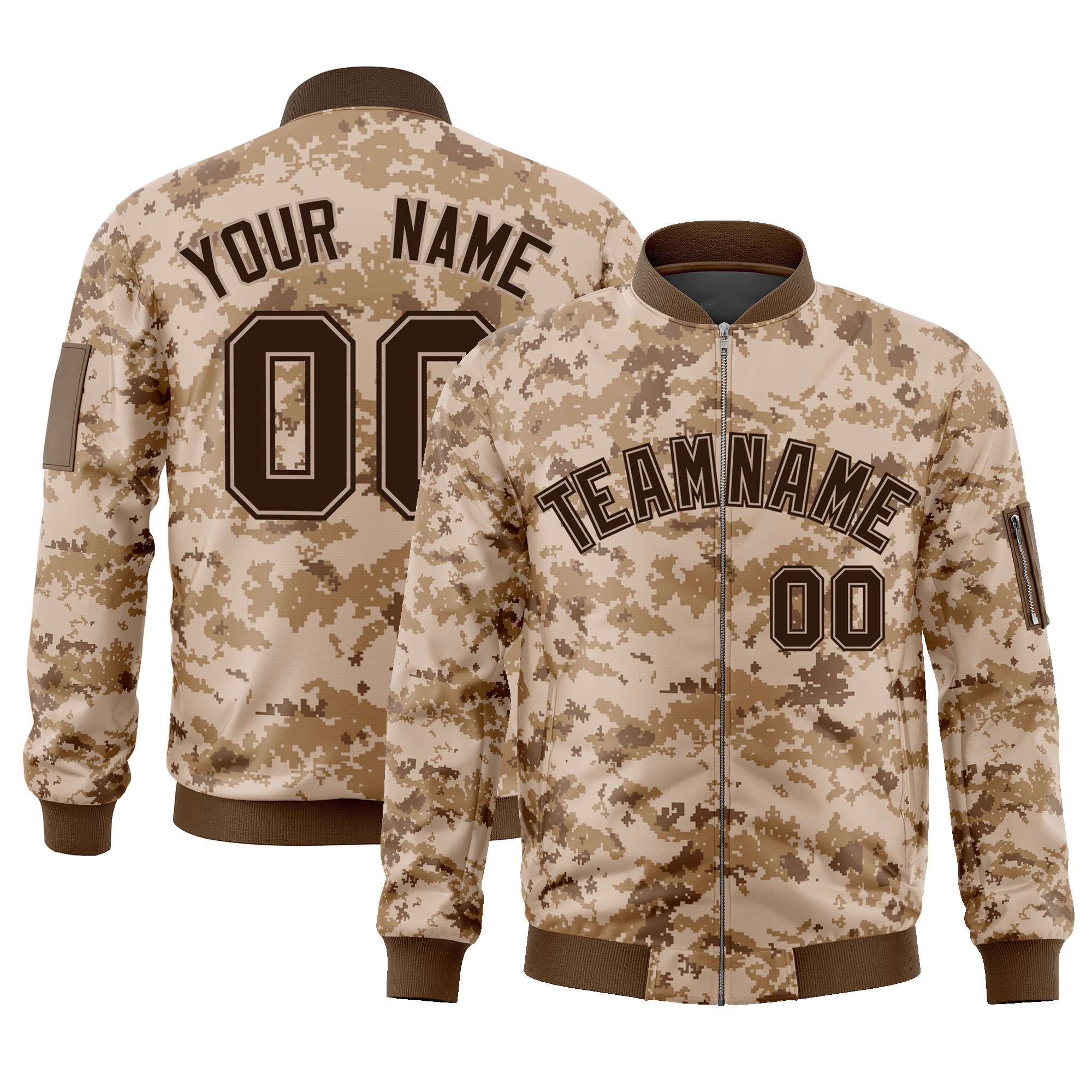 Custom Brown Varsity Full-Zip Camo Letterman Bomber Jacket