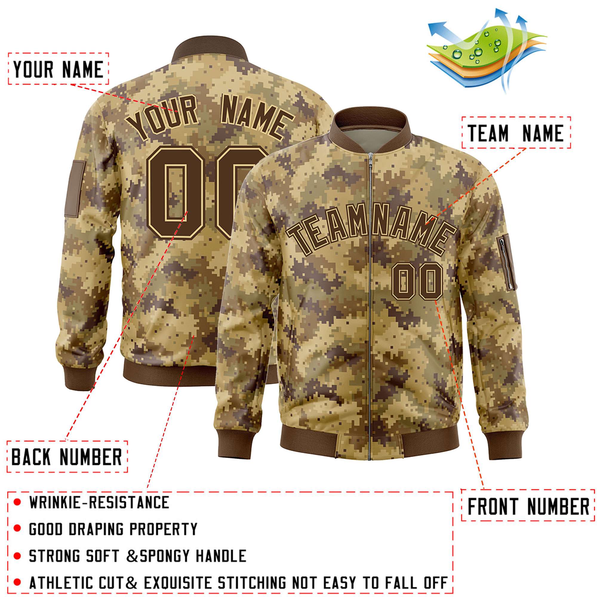 Custom Brown Varsity Full-Zip Camo Letterman Bomber Jacket