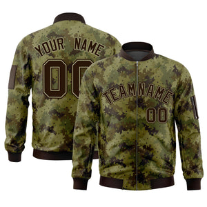 Custom Brown Varsity Full-Zip Camo Letterman Bomber Jacket