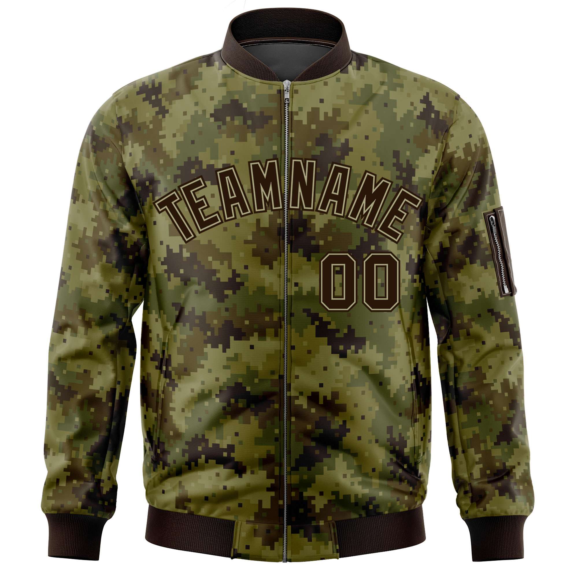 Custom Brown Varsity Full-Zip Camo Letterman Bomber Jacket