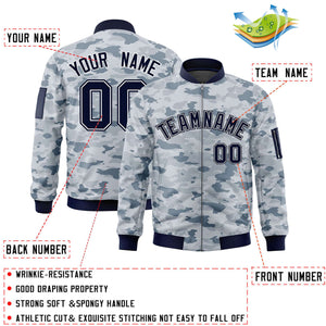 Custom Navy White Varsity Full-Zip Camo Letterman Bomber Jacket