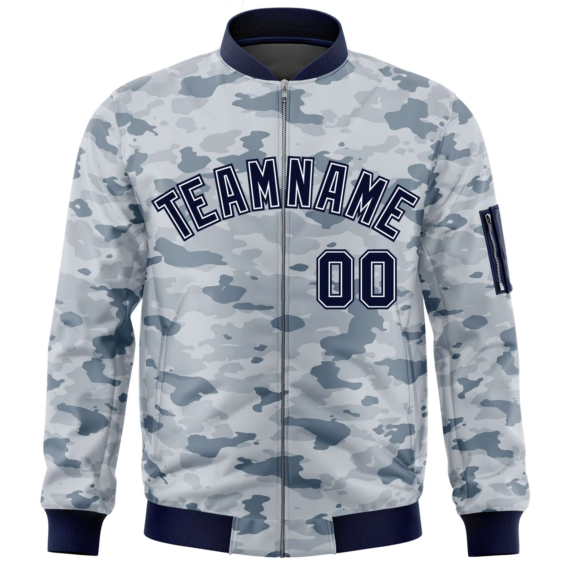 Custom Navy White Varsity Full-Zip Camo Letterman Bomber Jacket