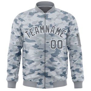 Custom Gray White Varsity Full-Zip Camo Letterman Bomber Jacket