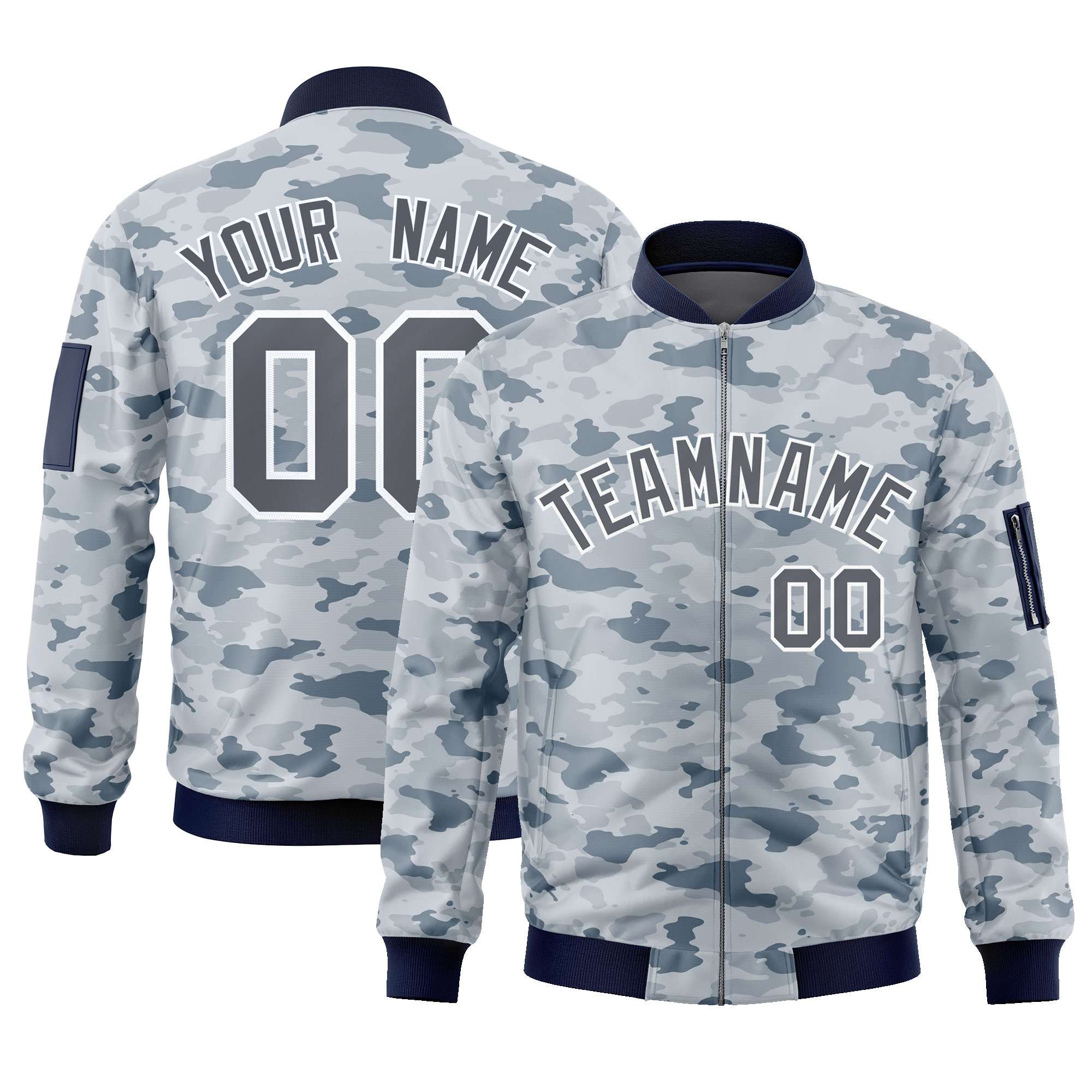 Custom Gray White Varsity Full-Zip Camo Letterman Bomber Jacket