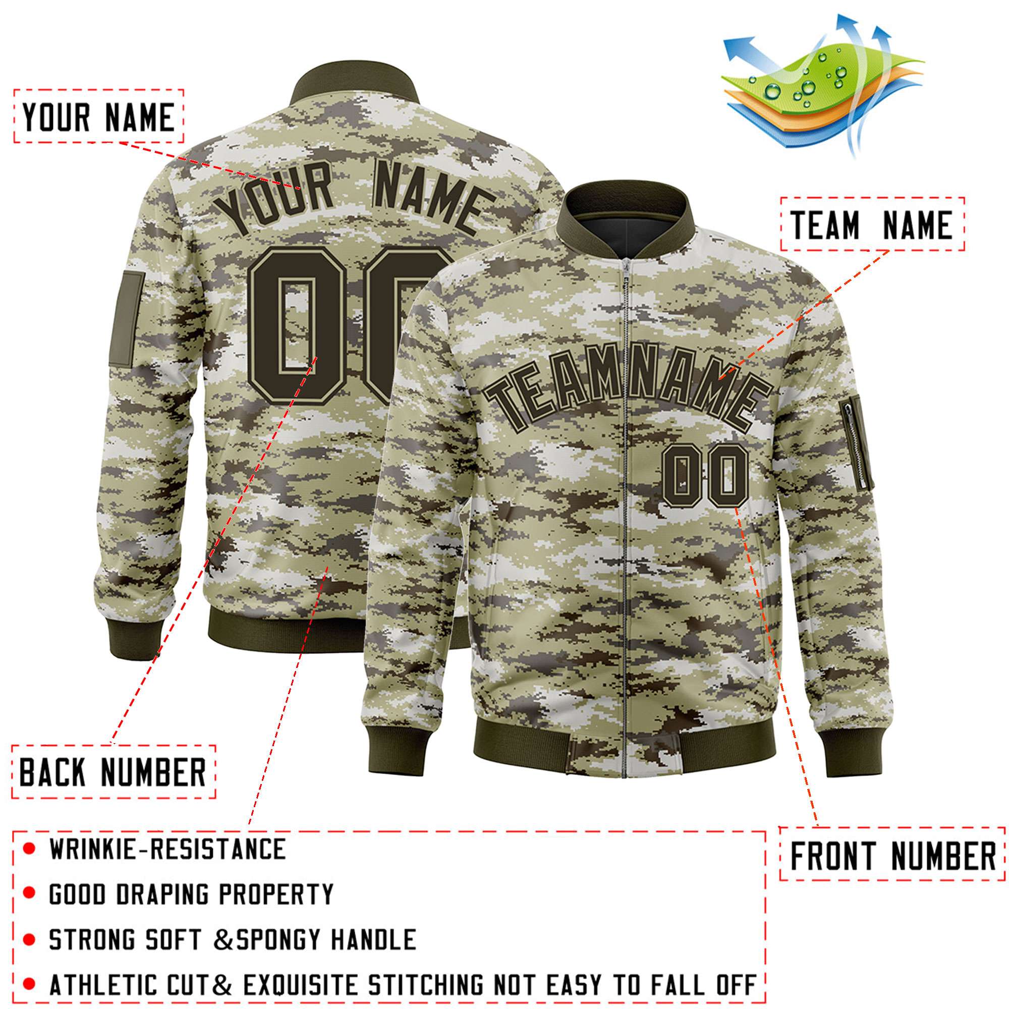 Custom Olive Varsity Full-Zip Camo Letterman Bomber Jacket