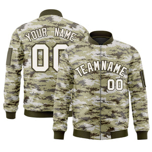 Custom White Olive Varsity Full-Zip Camo Letterman Bomber Jacket