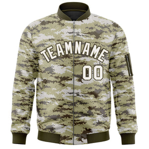 Custom White Olive Varsity Full-Zip Camo Letterman Bomber Jacket