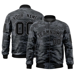 Custom Black Gray Varsity Full-Zip Camo Letterman Bomber Jacket