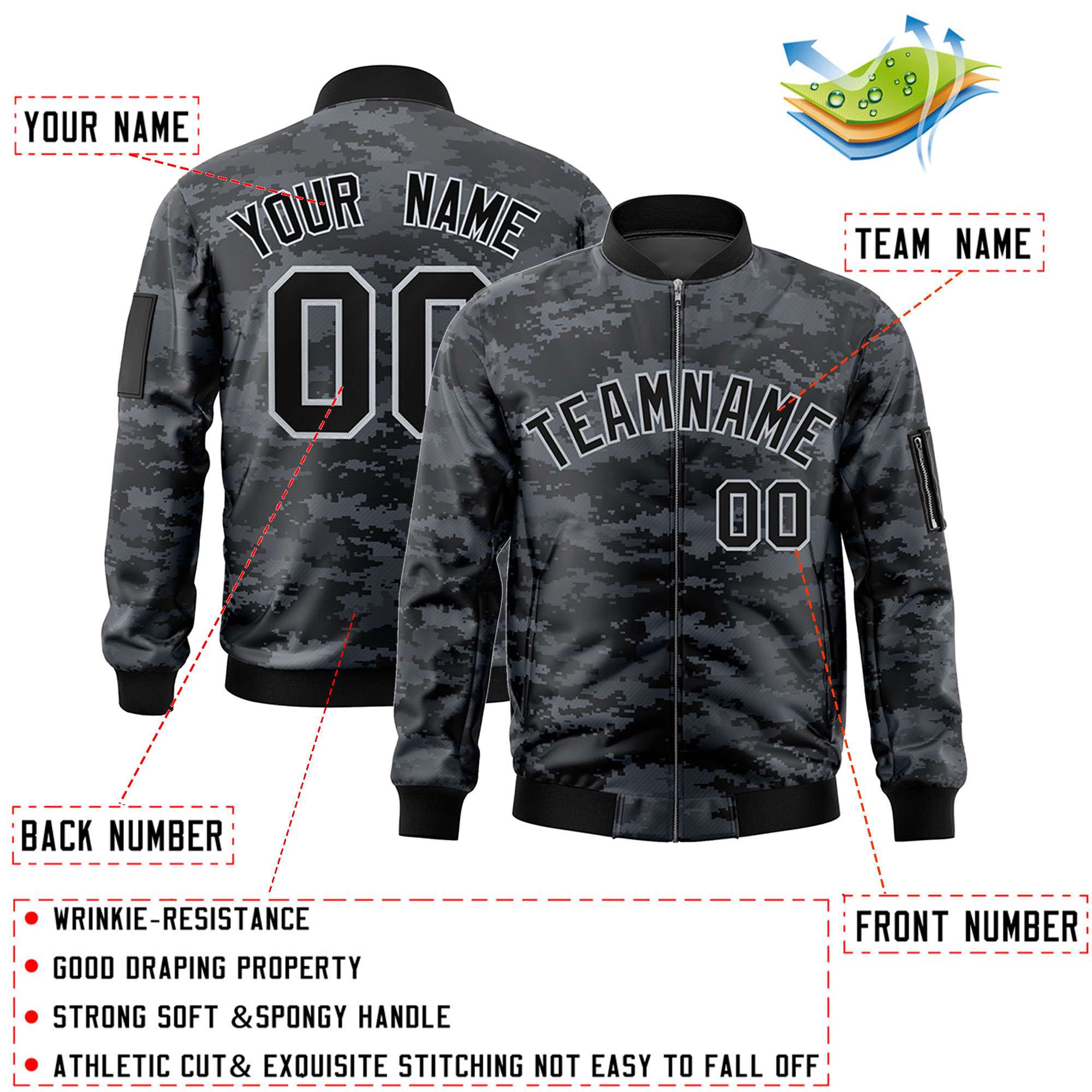 Custom Black Gray Varsity Full-Zip Camo Letterman Bomber Jacket