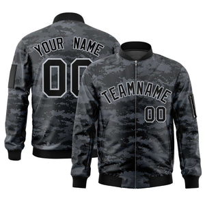 Custom Black Gray Varsity Full-Zip Camo Letterman Bomber Jacket