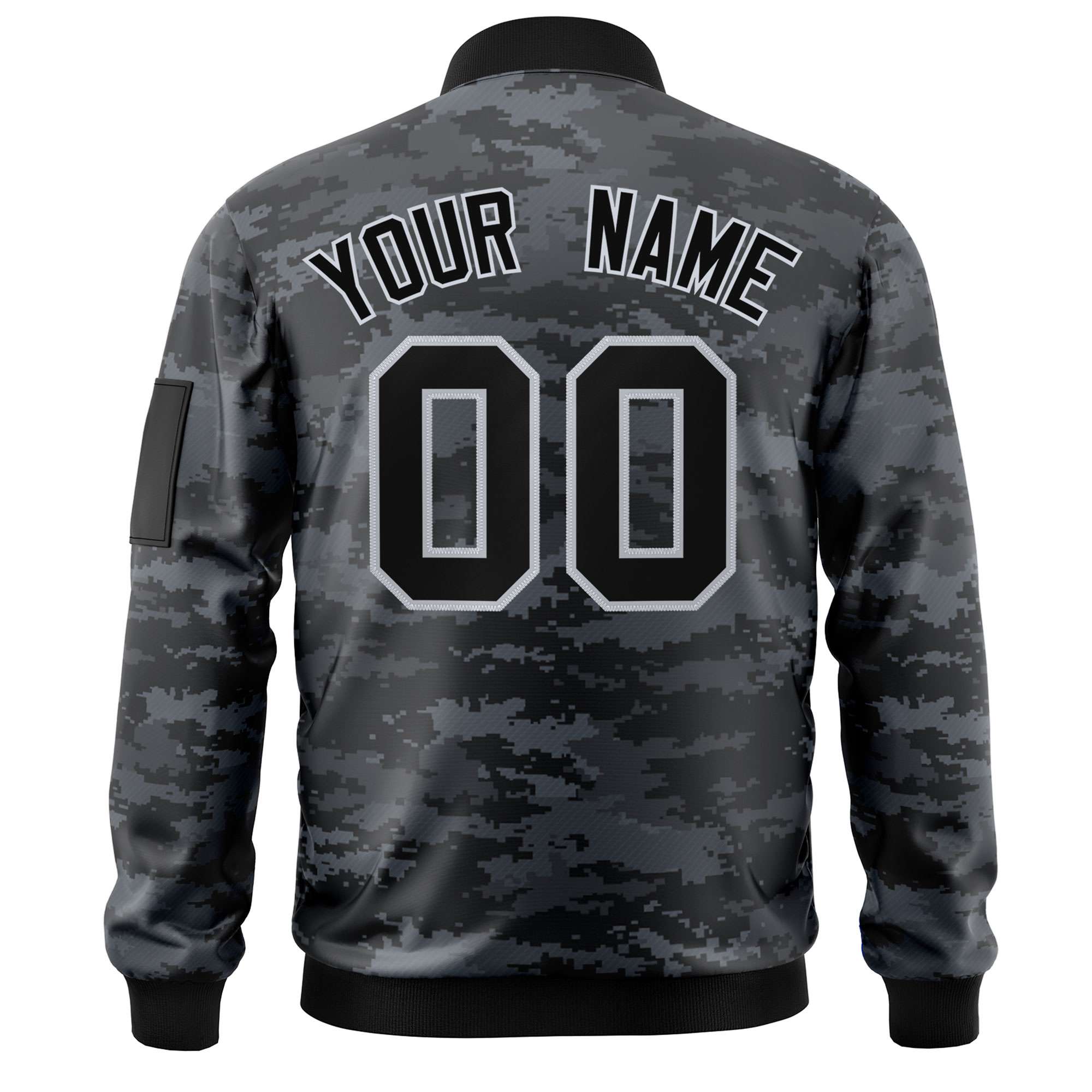 Custom Black Gray Varsity Full-Zip Camo Letterman Bomber Jacket