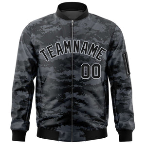 Custom Black Gray Varsity Full-Zip Camo Letterman Bomber Jacket