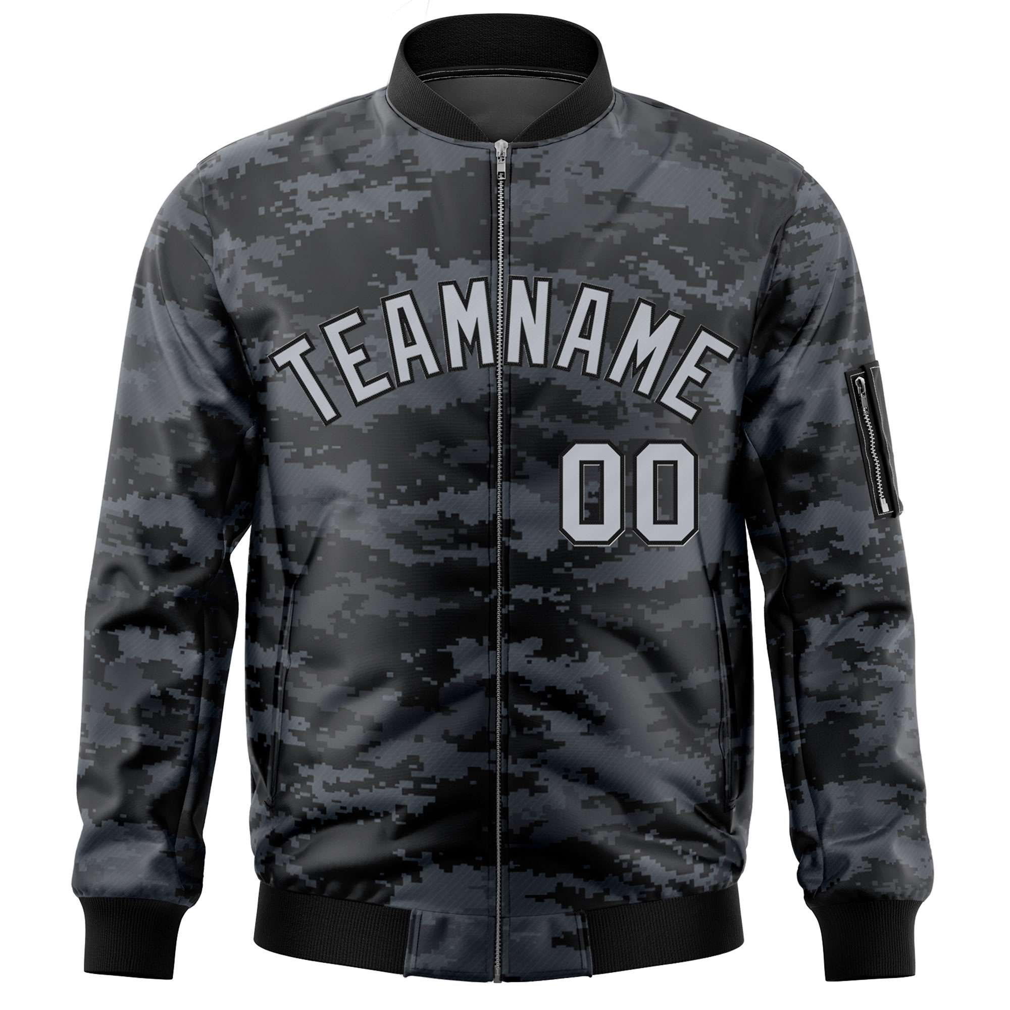 Custom Gray Black Varsity Full-Zip Camo Letterman Bomber Jacket