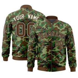 Custom Brown Khaki Varsity Full-Zip Camo Letterman Bomber Jacket