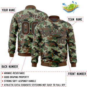 Custom Brown Khaki Varsity Full-Zip Camo Letterman Bomber Jacket