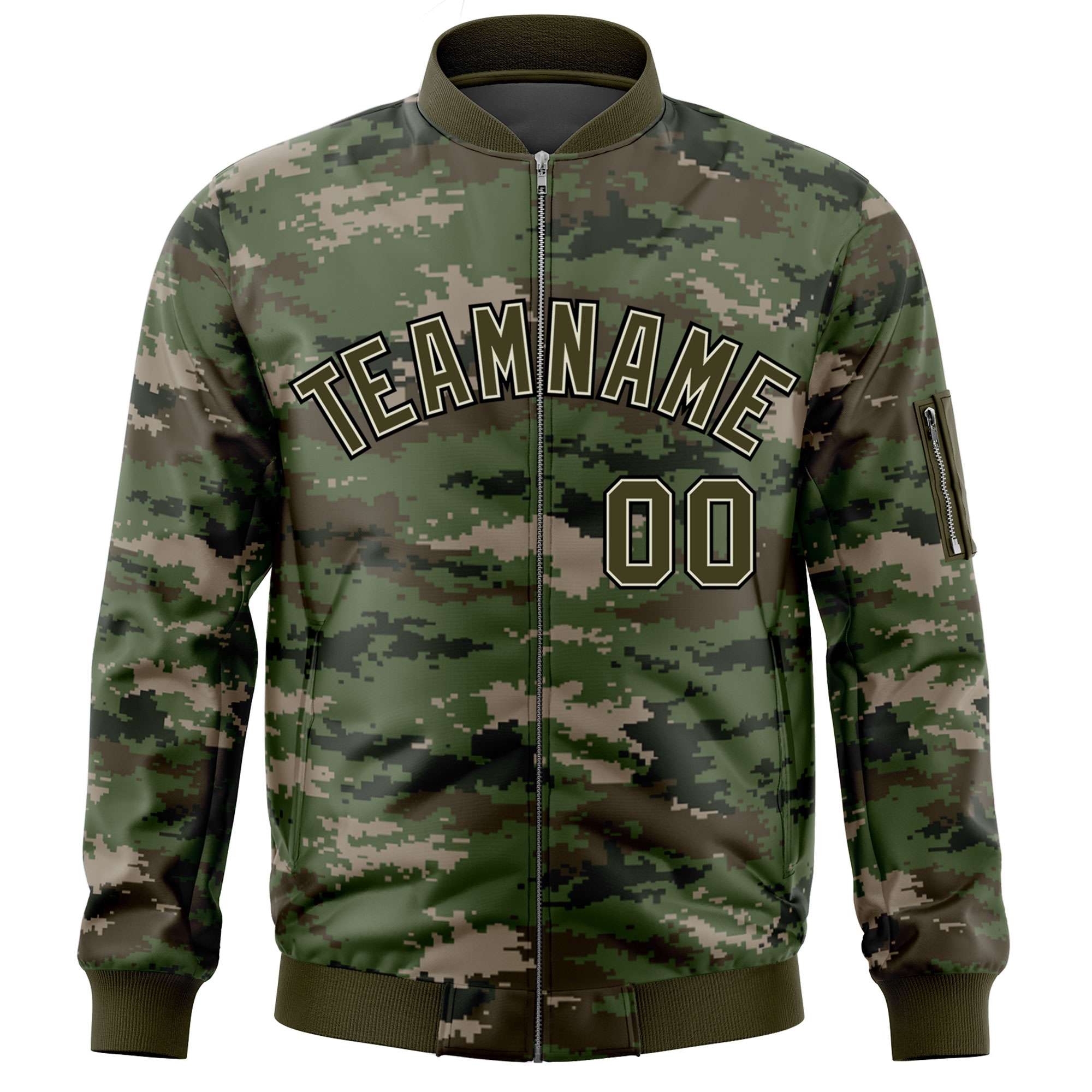 Custom Olive Varsity Full-Zip Camo Letterman Bomber Jacket