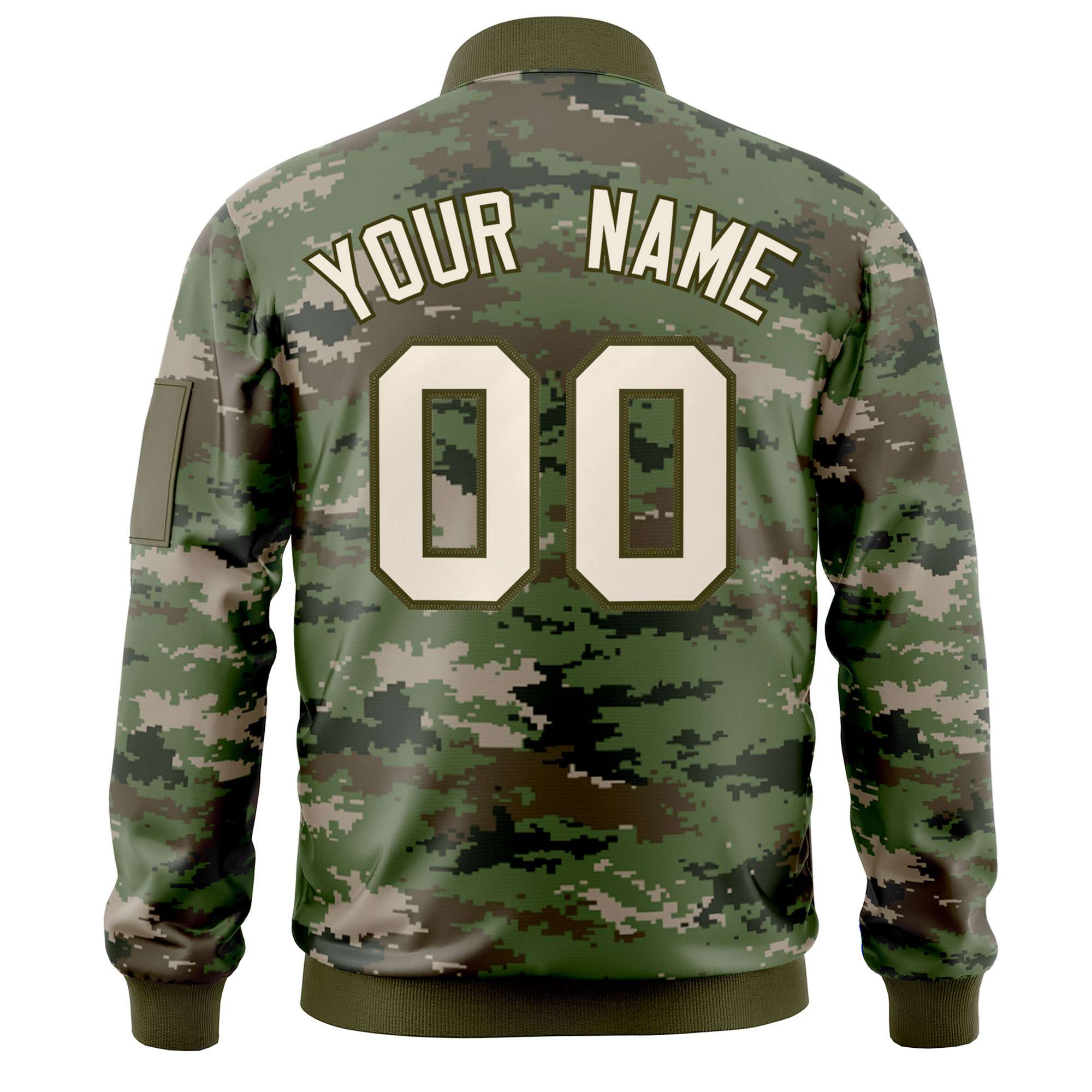 Custom Gray Olive Varsity Full-Zip Camo Letterman Bomber Jacket