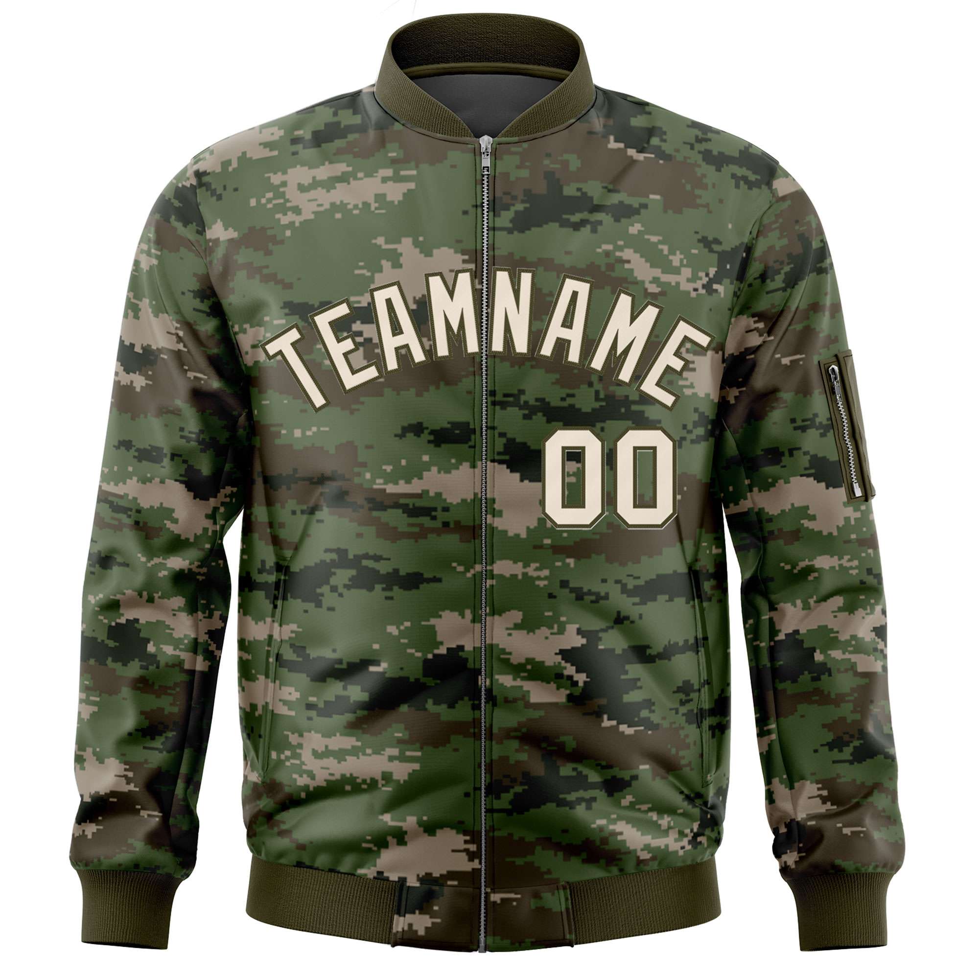 Custom Gray Olive Varsity Full-Zip Camo Letterman Bomber Jacket