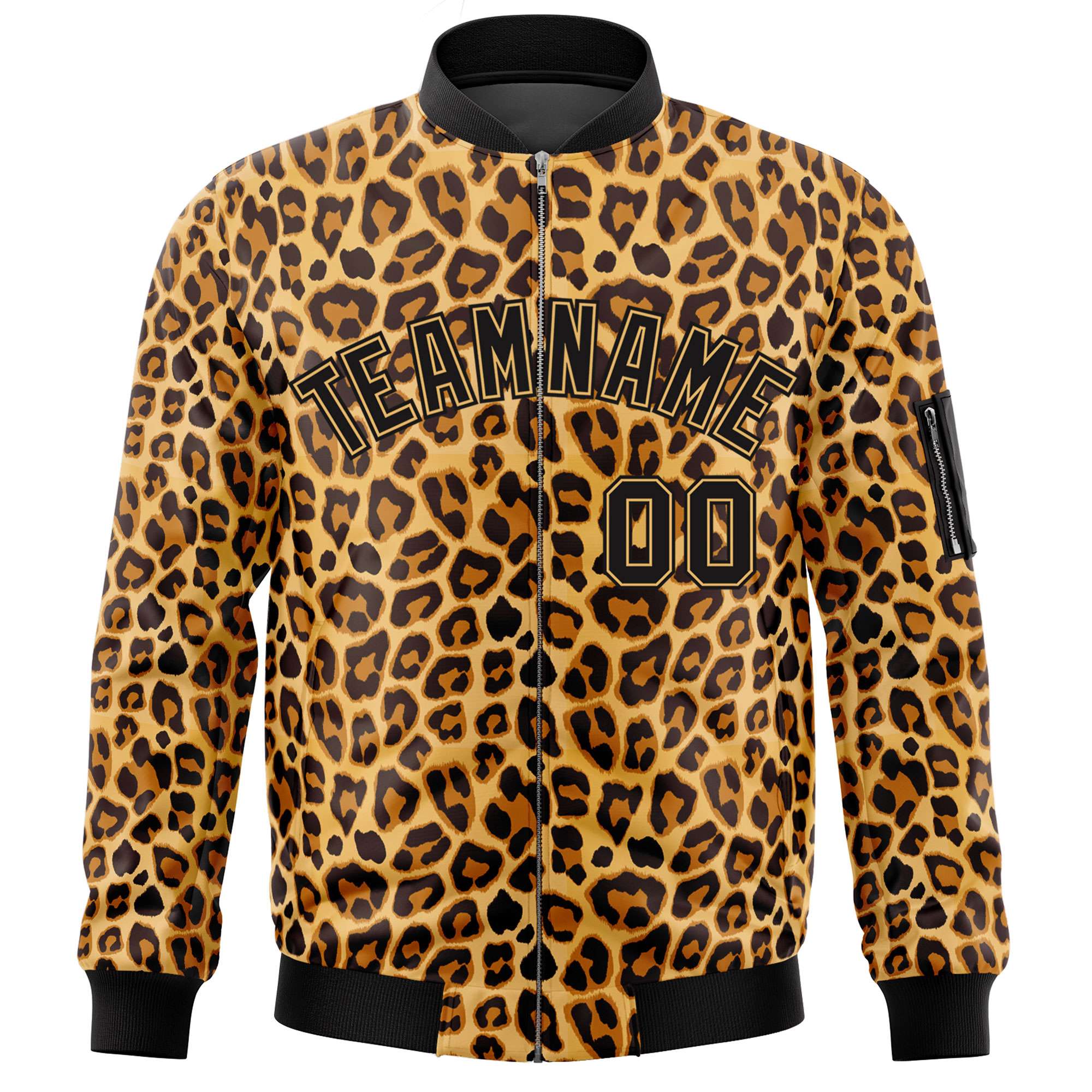 Custom Black Yellow Leopard Graffiti Pattern Zipper Cardigan Bomber Jacket