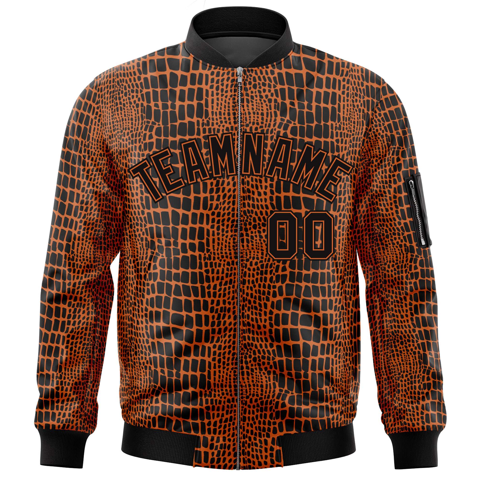 Custom Black Orange Varsity Full-Zip Crocodile Graffiti Pattern Letterman Bomber Jacket