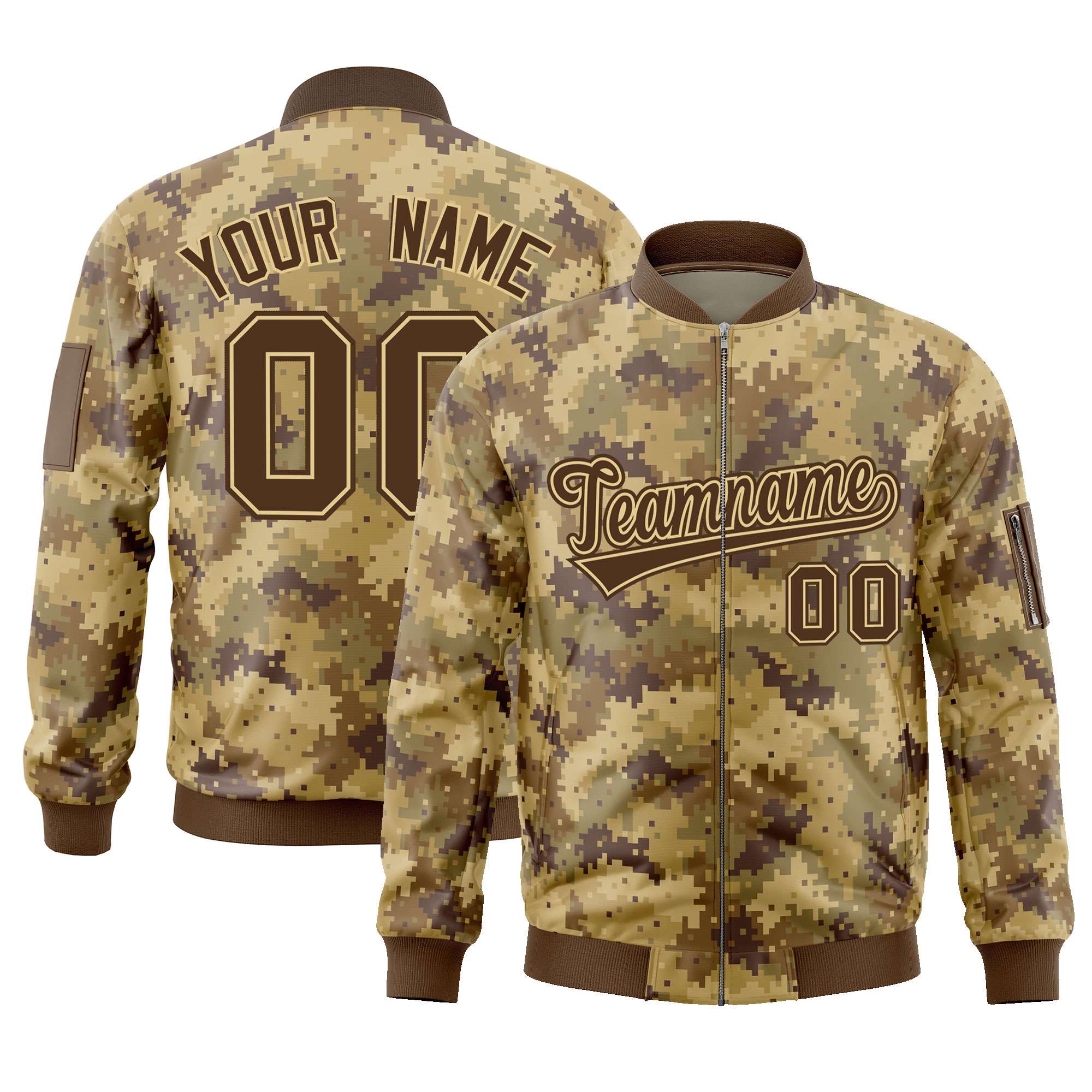 Custom Brown Varsity Full-Zip Camo Letterman Bomber Jacket