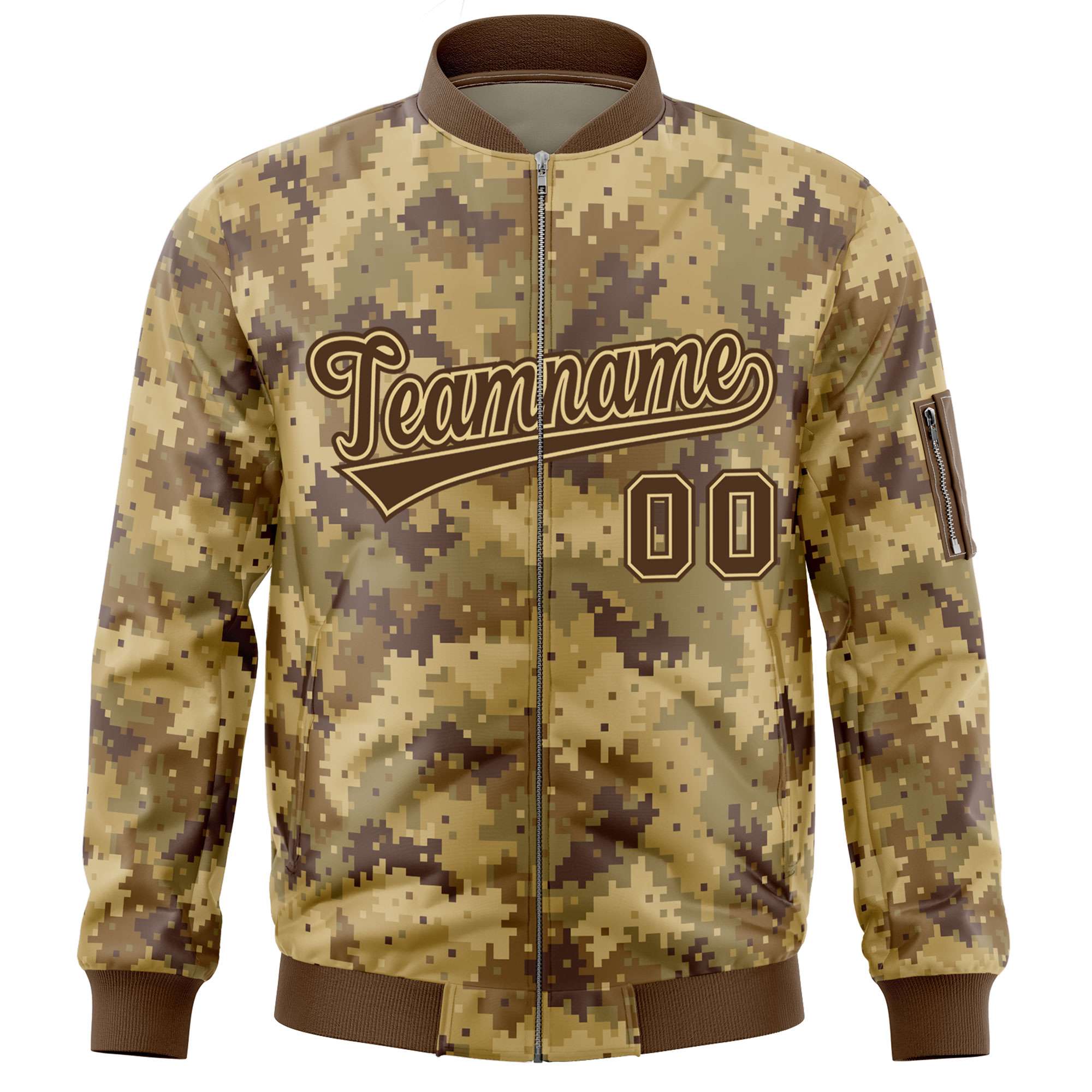 Custom Brown Varsity Full-Zip Camo Letterman Bomber Jacket