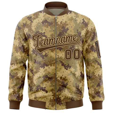 Custom Brown Varsity Full-Zip Camo Letterman Bomber Jacket