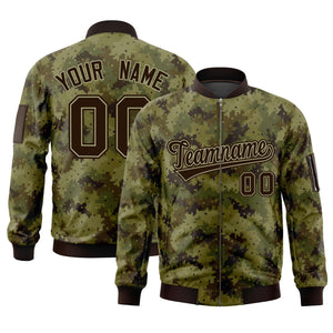 Custom Brown Varsity Full-Zip Camo Letterman Bomber Jacket