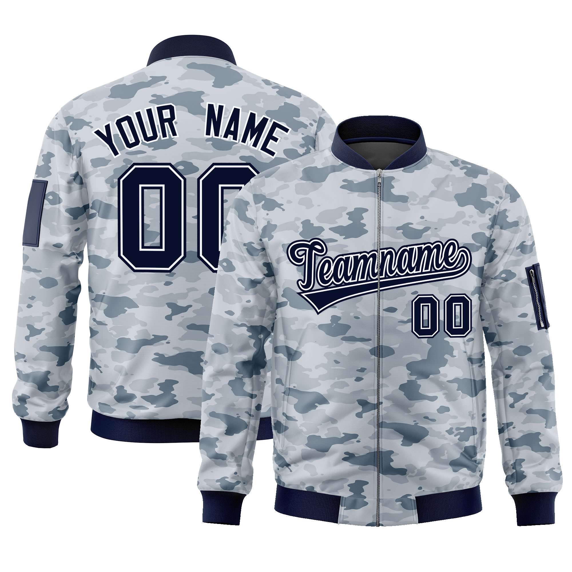 Custom Navy White Varsity Full-Zip Camo Letterman Bomber Jacket