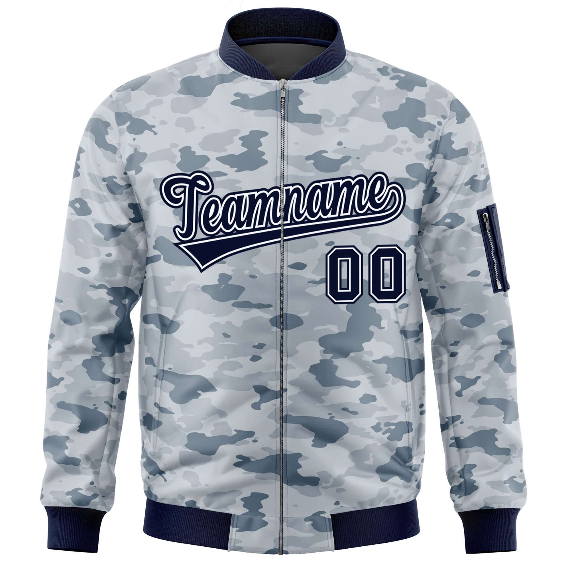 Custom Navy White Varsity Full-Zip Camo Letterman Bomber Jacket