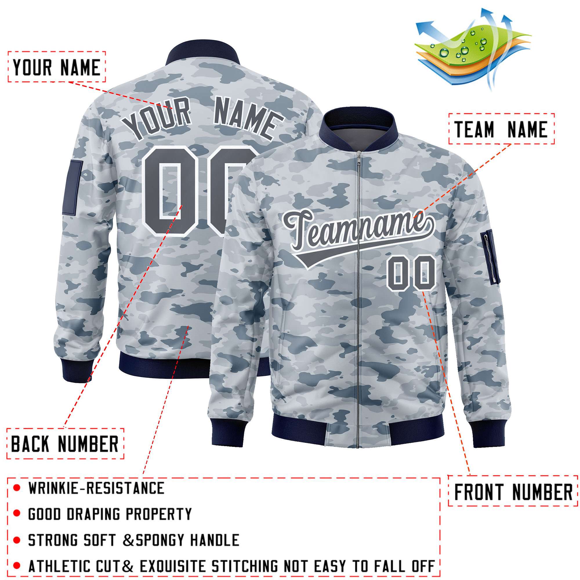 Custom Gray White Varsity Full-Zip Camo Letterman Bomber Jacket