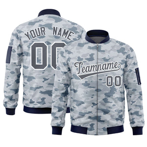 Custom Gray White Varsity Full-Zip Camo Letterman Bomber Jacket