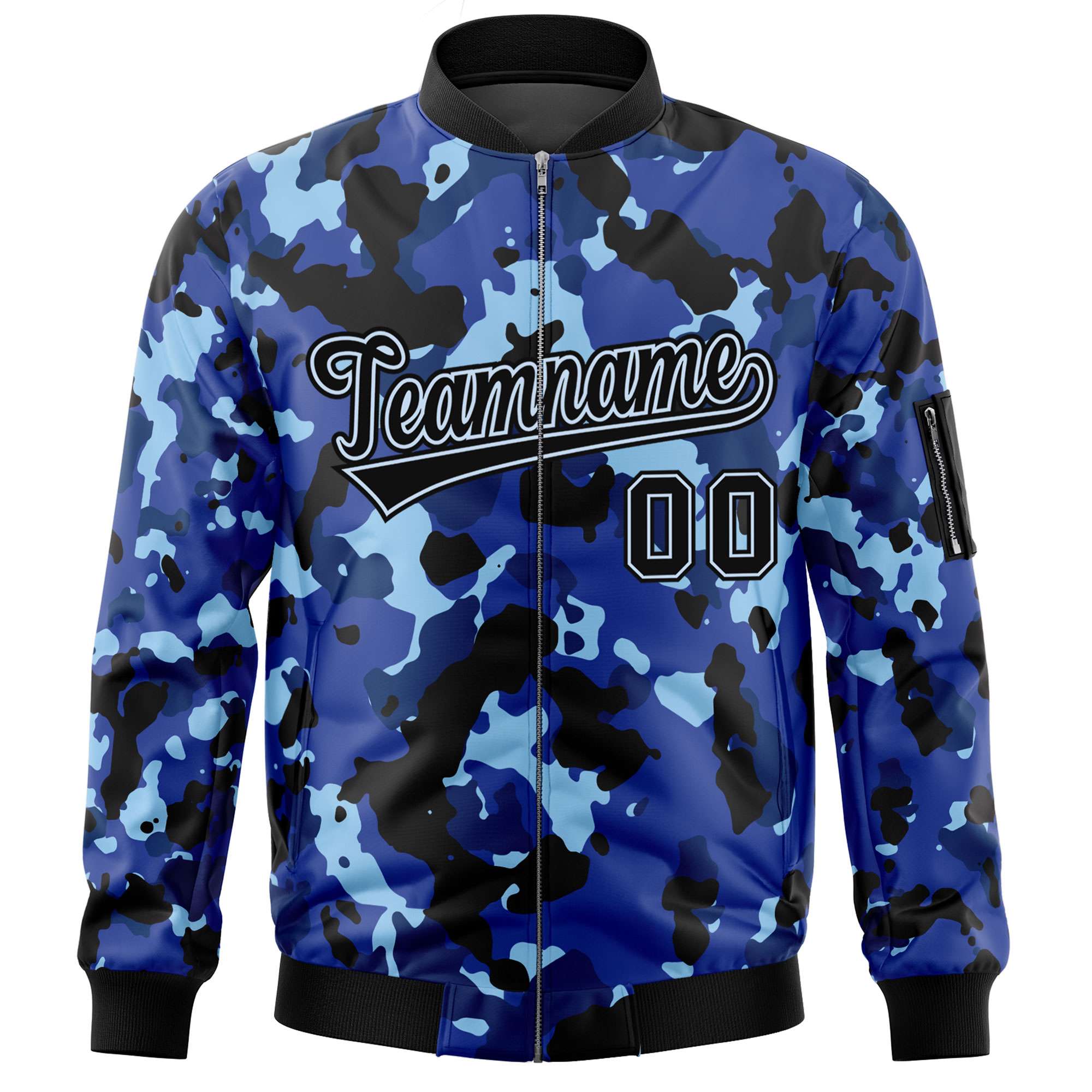 Custom Navy White Varsity Full-Zip Camo Letterman Bomber Jacket