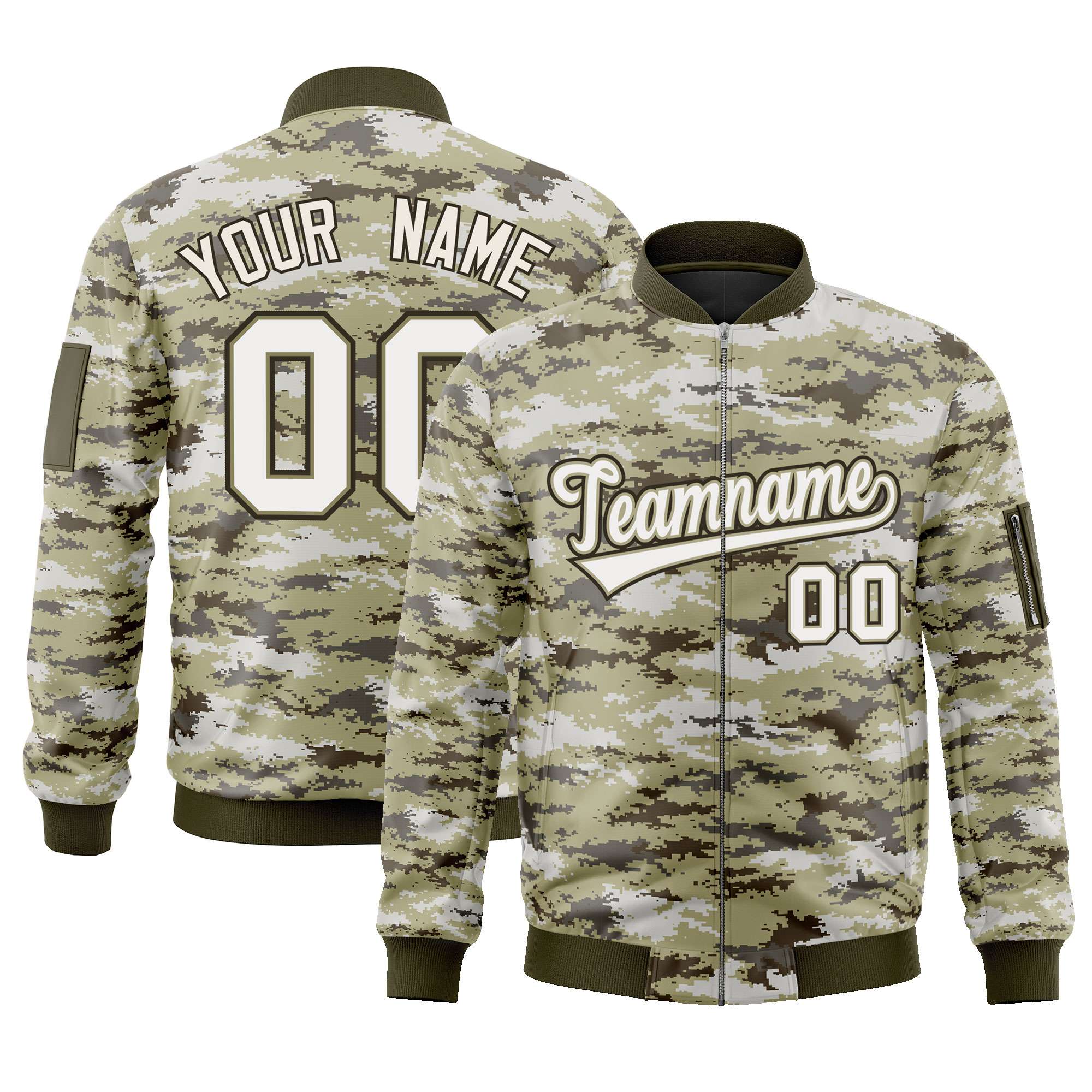 Custom White Olive Varsity Full-Zip Camo Letterman Bomber Jacket