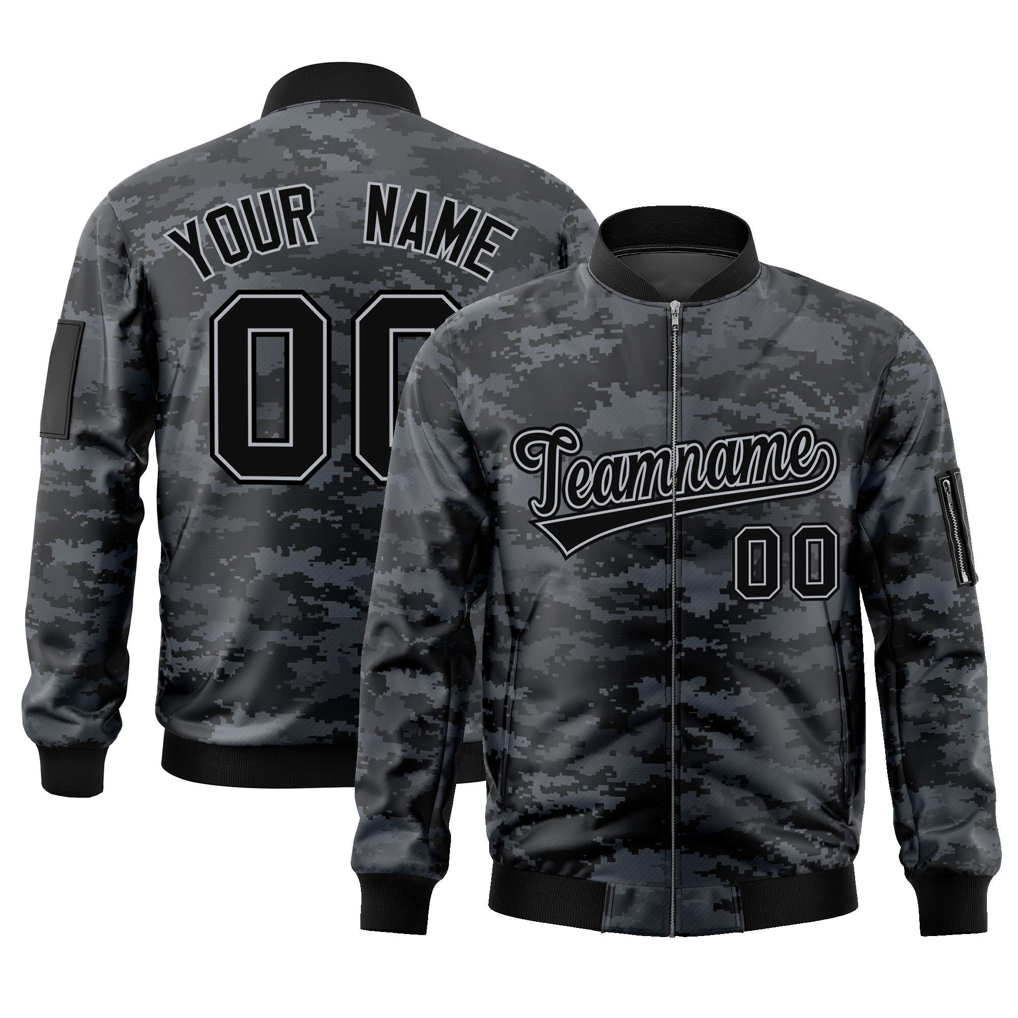 Custom Black Gray Varsity Full-Zip Camo Letterman Bomber Jacket