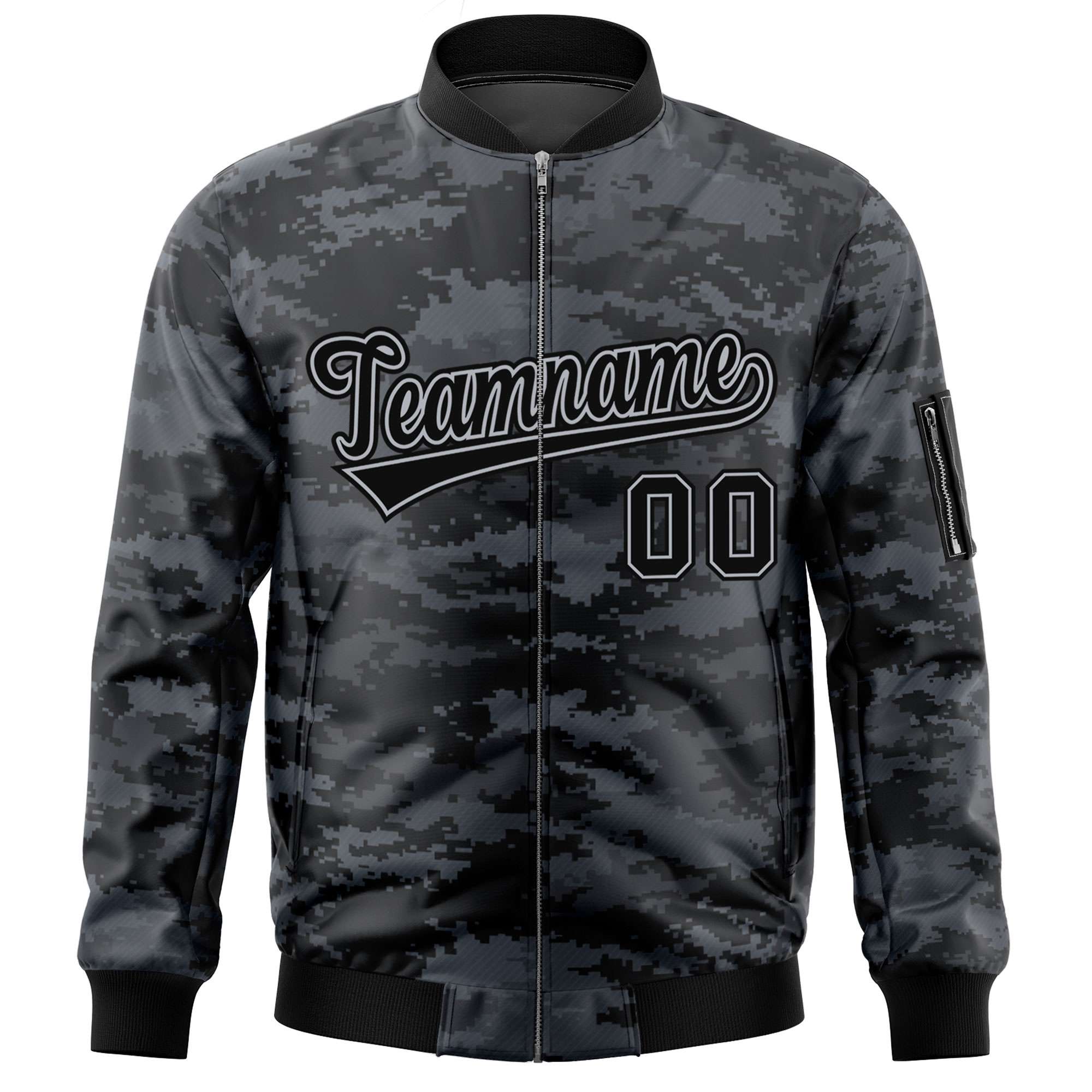 Custom Black Gray Varsity Full-Zip Camo Letterman Bomber Jacket