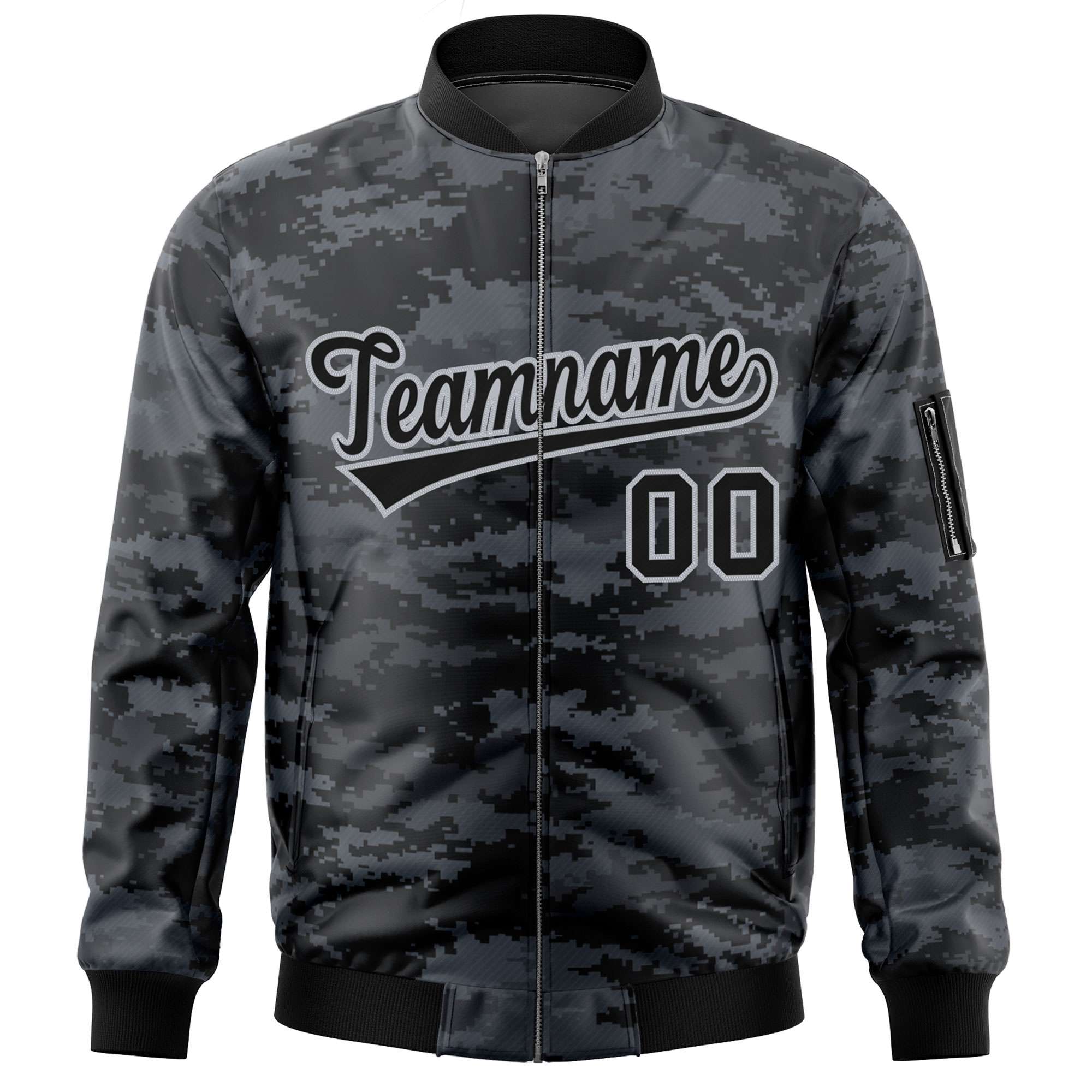 Custom Black Gray Varsity Full-Zip Camo Letterman Bomber Jacket