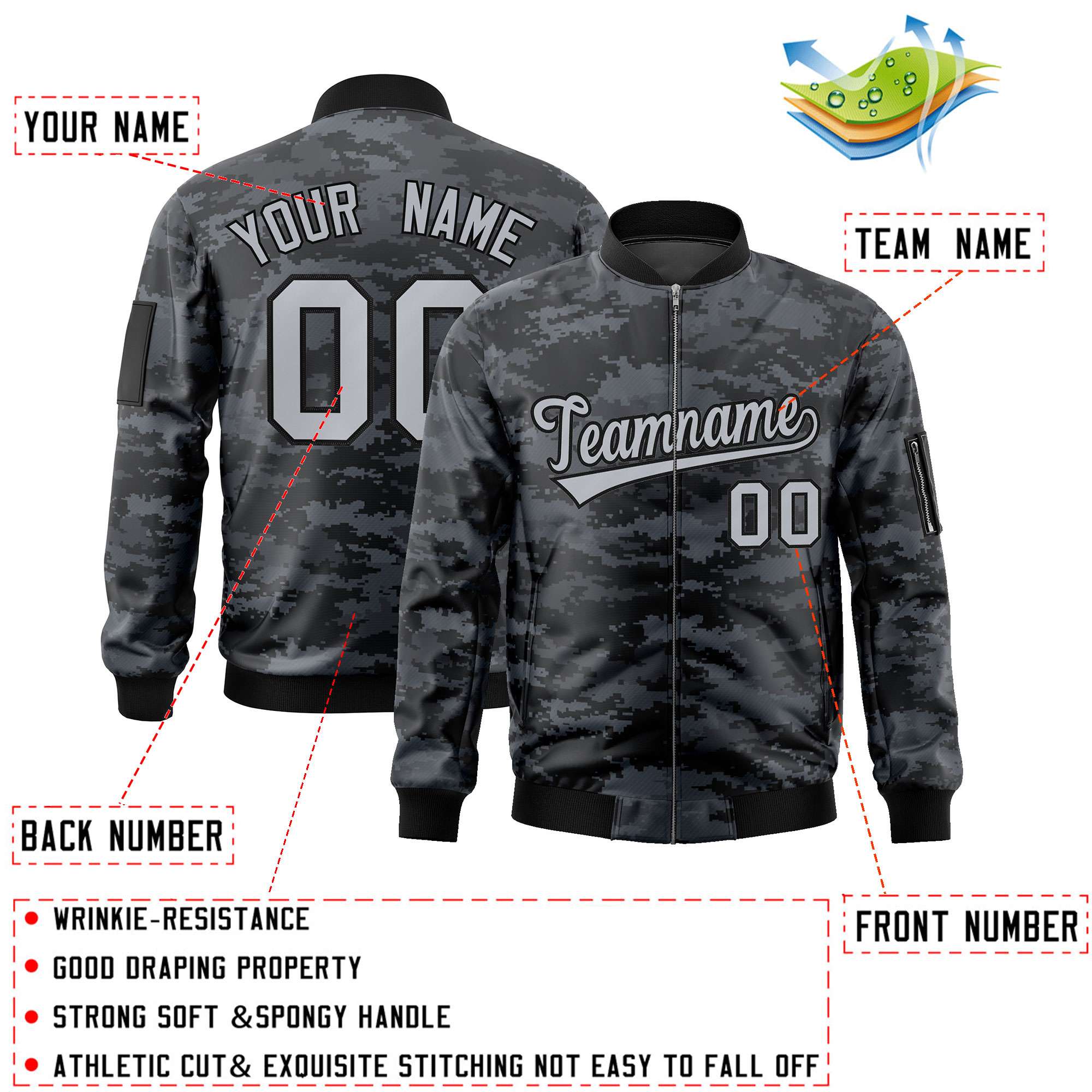 Custom Gray Black Varsity Full-Zip Camo Letterman Bomber Jacket