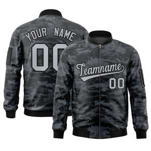 Custom Gray Black Varsity Full-Zip Camo Letterman Bomber Jacket