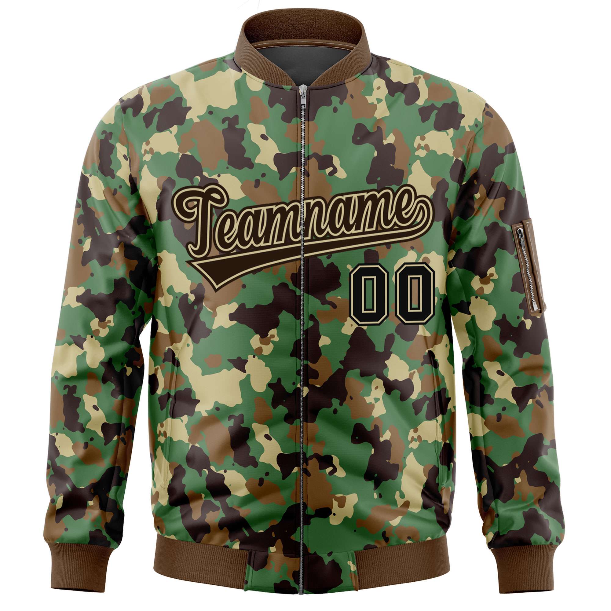 Custom Brown Khaki Varsity Full-Zip Camo Letterman Bomber Jacket