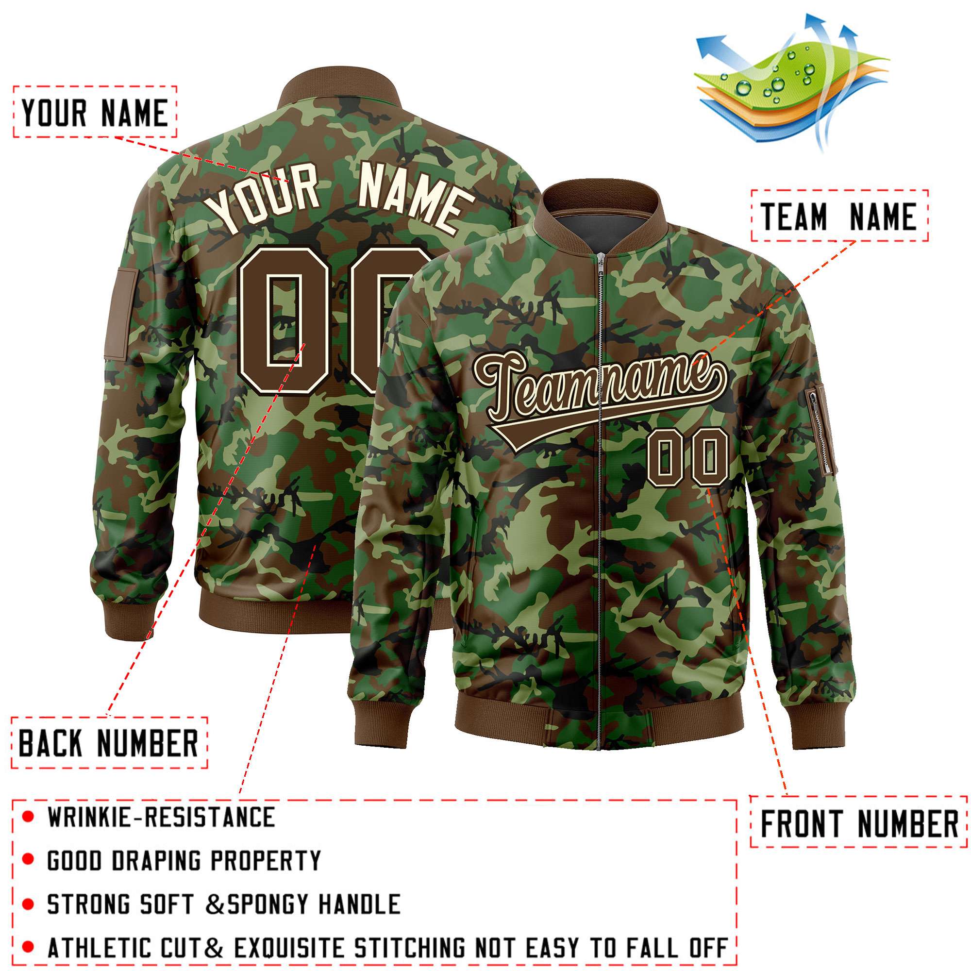 Custom Brown Khaki Varsity Full-Zip Camo Letterman Bomber Jacket